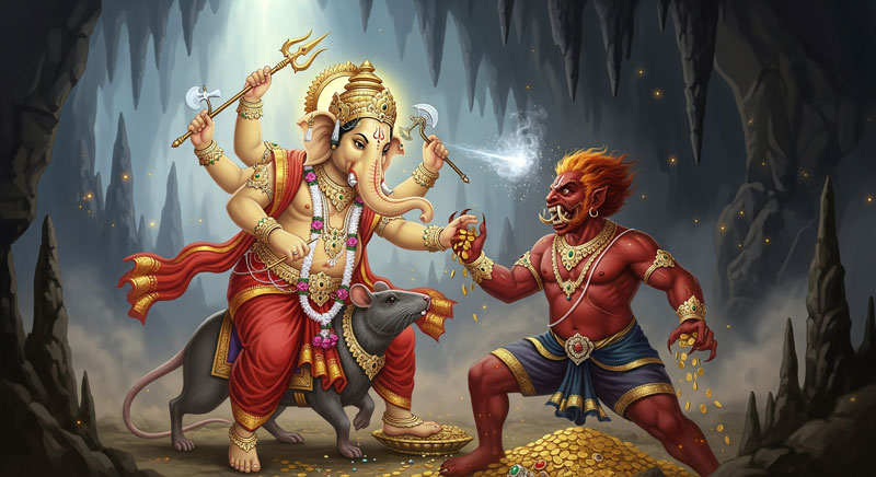Lord Ganesha defeating the demon Lobhasura in a cave with divine weapons.