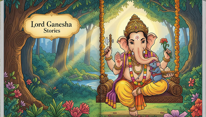 Traditional Indian artwork showing Vasudev carrying baby Krishna across the Yamuna River during a storm, protected by Sheshnag