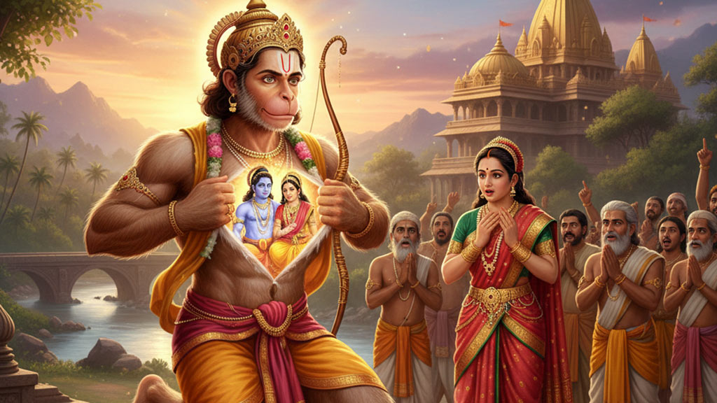 Hanuman tearing open his chest to reveal Lord Rama and Sita in his heart, with broken pearls on the ground