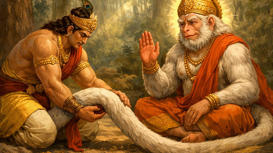 Bhima attempting to lift the tail of Lord Hanuman in a lush forest setting from the Mahabharata.