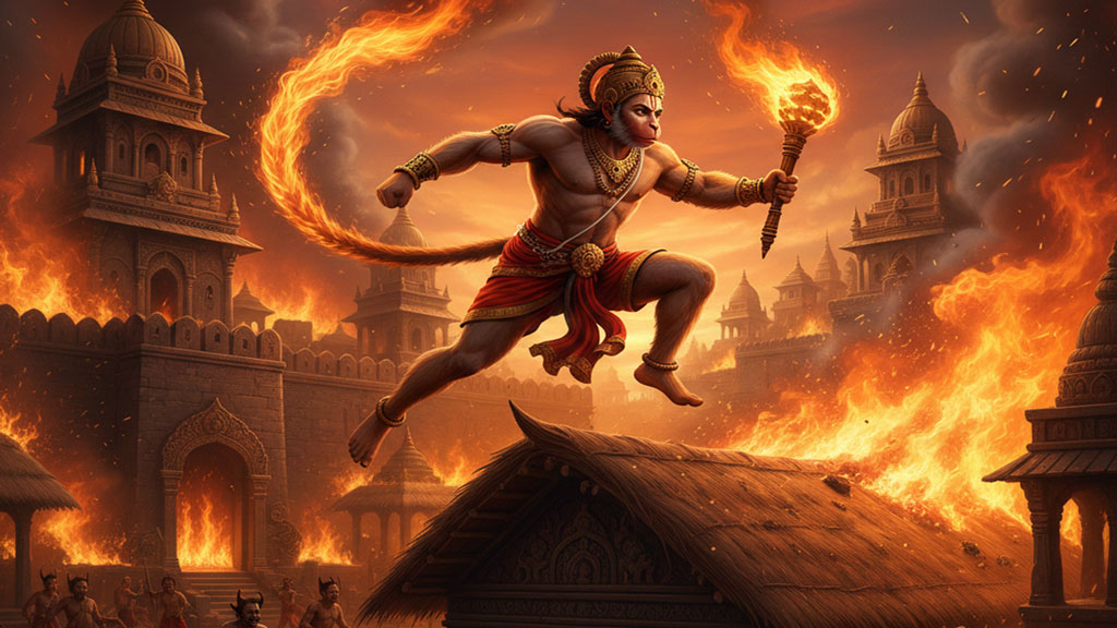 Lord Hanuman with a burning tail leaping over the golden city of Lanka, setting it on fire