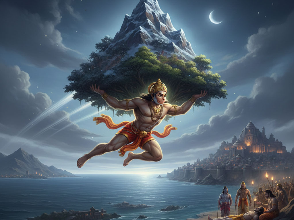 Hanuman flying through the sky carrying the Dronagiri mountain with glowing Sanjeevani herbs to save Lakshmana.