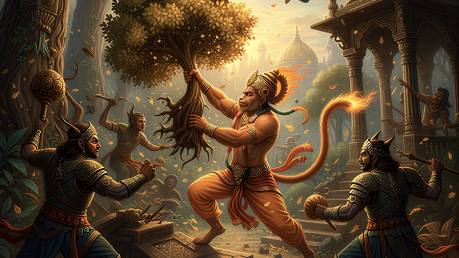 A powerful depiction of Hanuman uprooting trees and defeating Ravana's demon guards in the lush Ashoka Vatika garden of Lanka.