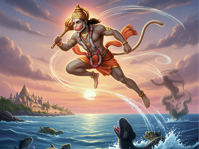 Hanuman in a colossal form soaring over the ocean toward Lanka with a golden mace in hand.