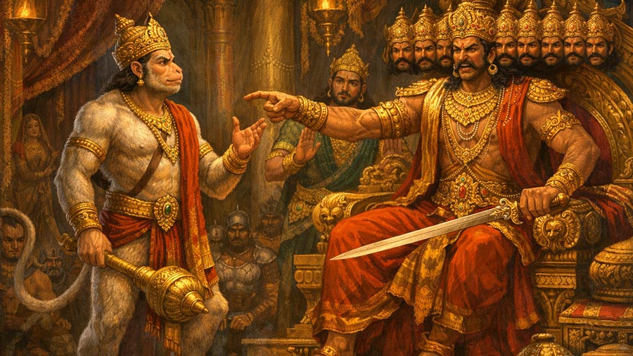 Hanuman fearlessly confronting Ravana in the royal court of Lanka