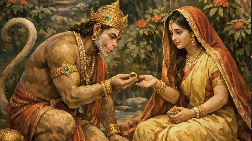 Hanuman meeting Sita in Ashoka Vatika and offering Rama's ring