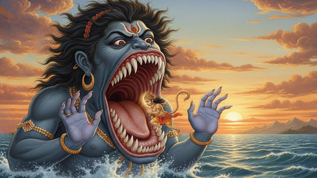 Hanuman in miniature form flying out of the wide-open mouth of the sea monster Surasa over the ocean.