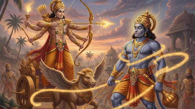 Lord Hanuman calmly accepting the golden glow of the Brahmastra weapon to fulfill his strategic mission.