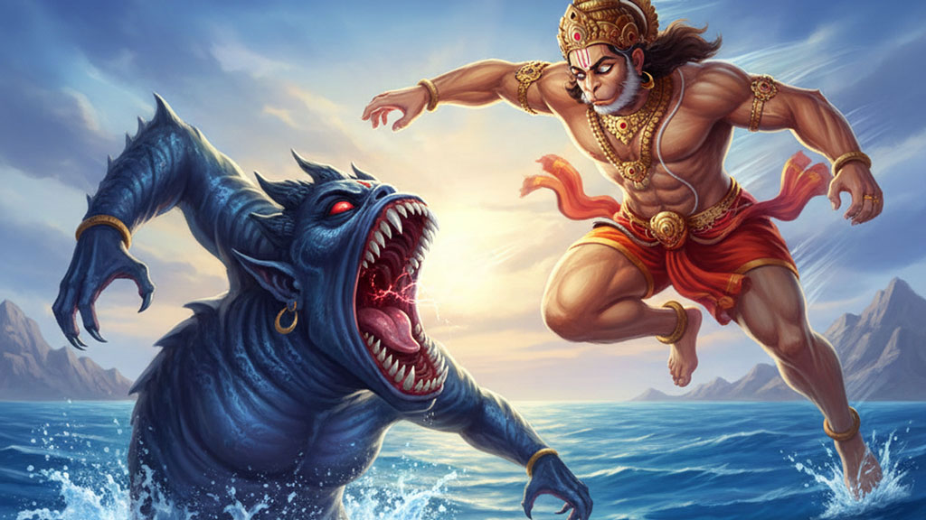 Lord Hanuman soaring over the ocean as the demoness Simhika rises from the waves to capture his shadow.