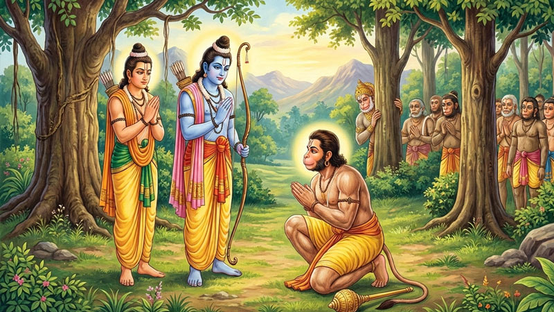 Lord Hanuman kneeling in devotion before Lord Rama and Lakshmana in the Rishyamukha forest.