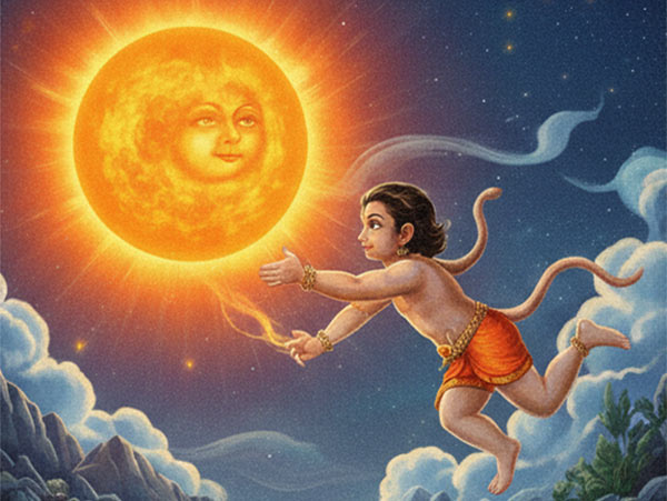 A traditional mythological image of child Hanuman (Anjaneya) leaping through the sky toward a glowing, face-like sun above lush mountains.