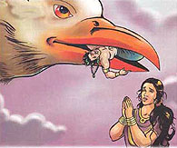 Mighty eagle Garuda carrying Jairajan in its beak