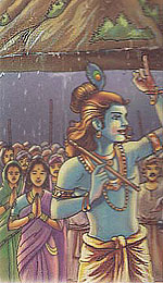Lord Krishna lifting gavardhana mountain on the little finger