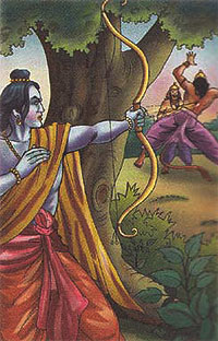 Rama aiming at mighty Bali