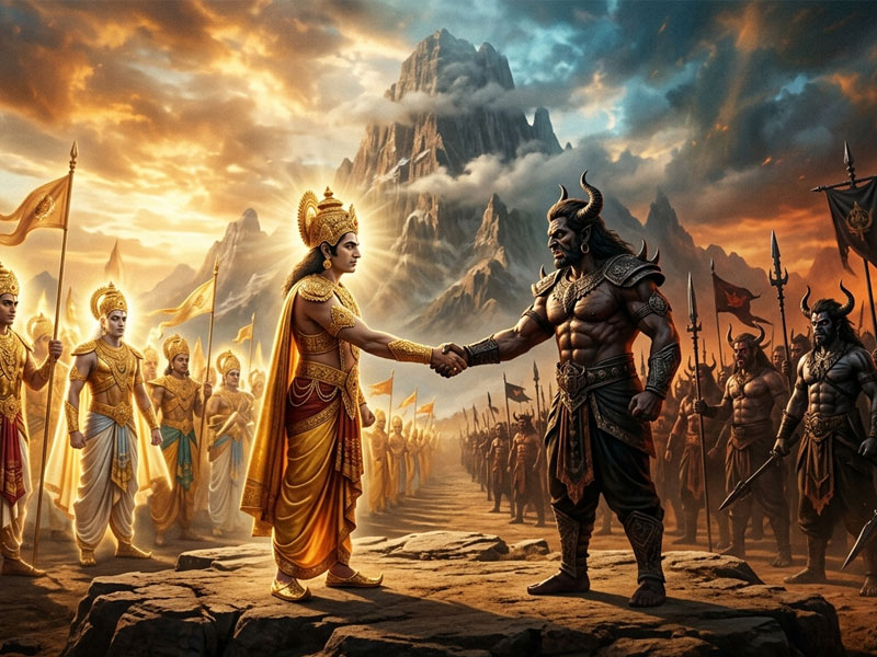 Devas and Asuras forming alliance for churning the ocean of milk