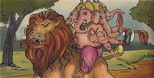Vakratunda on lion's back