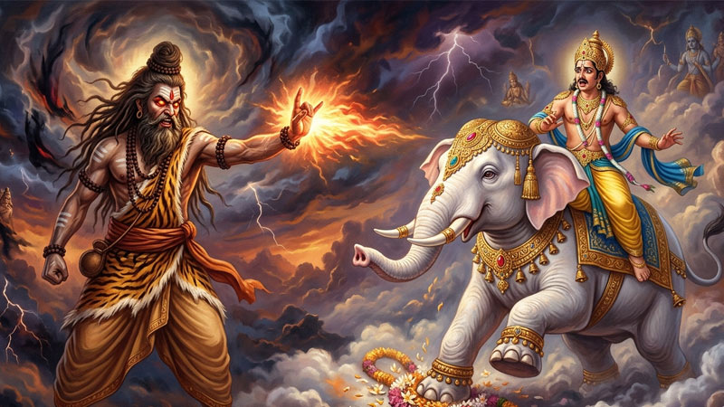 Sage Durvasa cursing Indra after Airavata tramples sacred garland in Hindu mythology