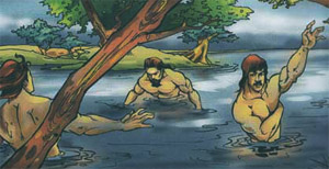 Duryodhana and his companions taking bath in a lake