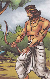 Hunter shooting arrow at Lord krishna's feet