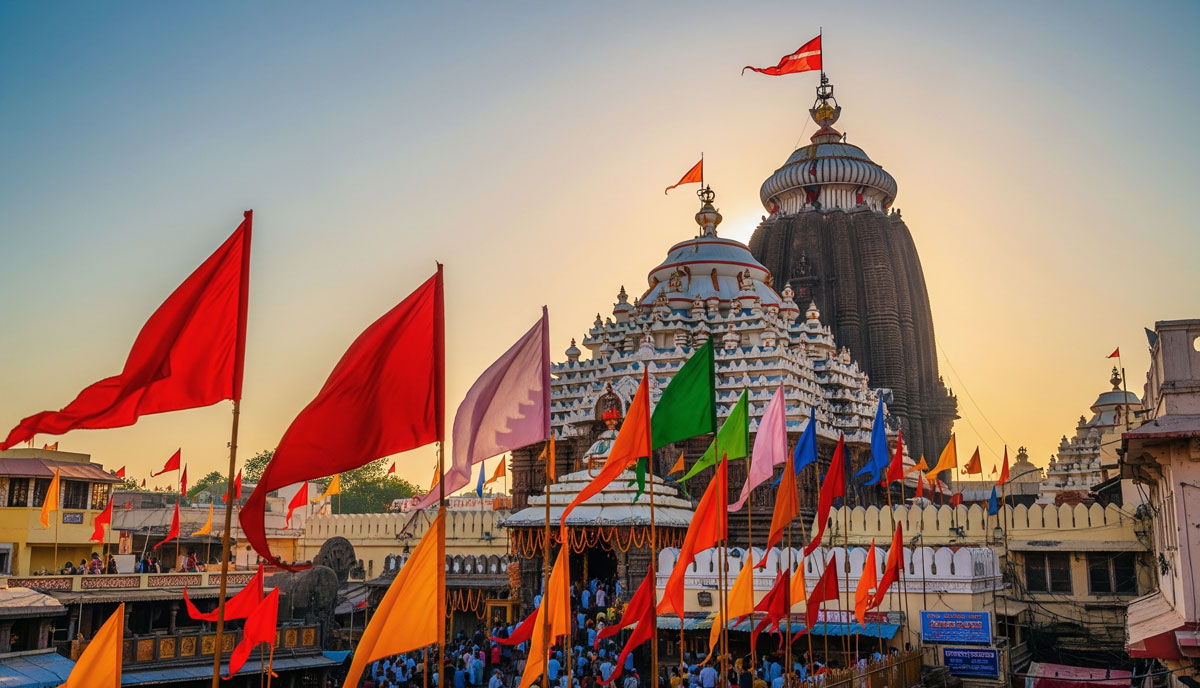 Jagannath Temple in Puri with flags flying