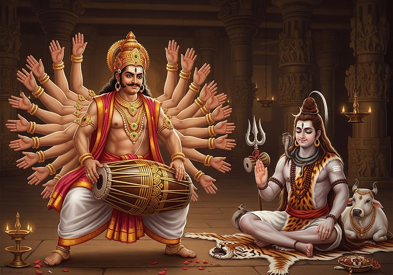 The demon king Banasura, with multiple hands, is playing a mridangam with intense focus