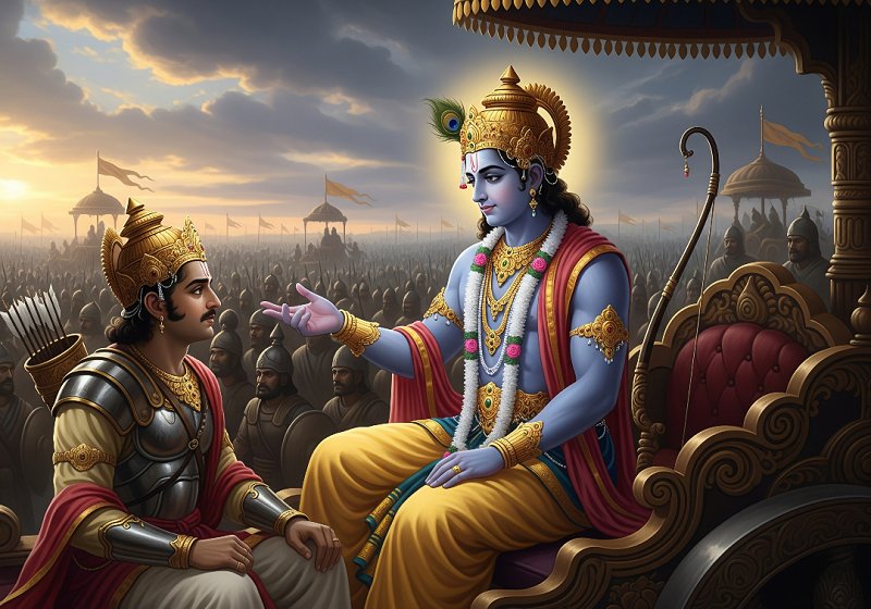 Lord Krishna speaking to a warrior, Arjuna, who is listening intently with a somber expression