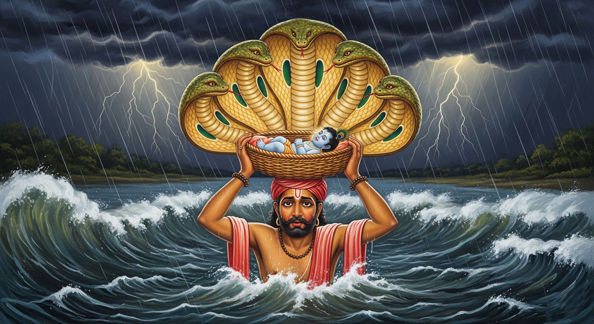 Traditional Indian artwork showing Vasudev carrying baby Krishna across the Yamuna River during a storm, protected by Sheshnag