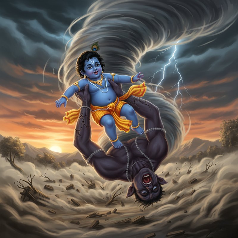 Illustration of infant Krishna held by the demon Trinavarta amid a whirlwind descent