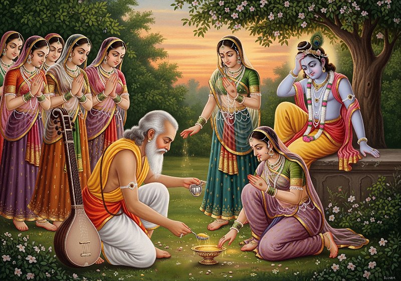 The sage Narada is gathering dust from the feet of the devoted gopis