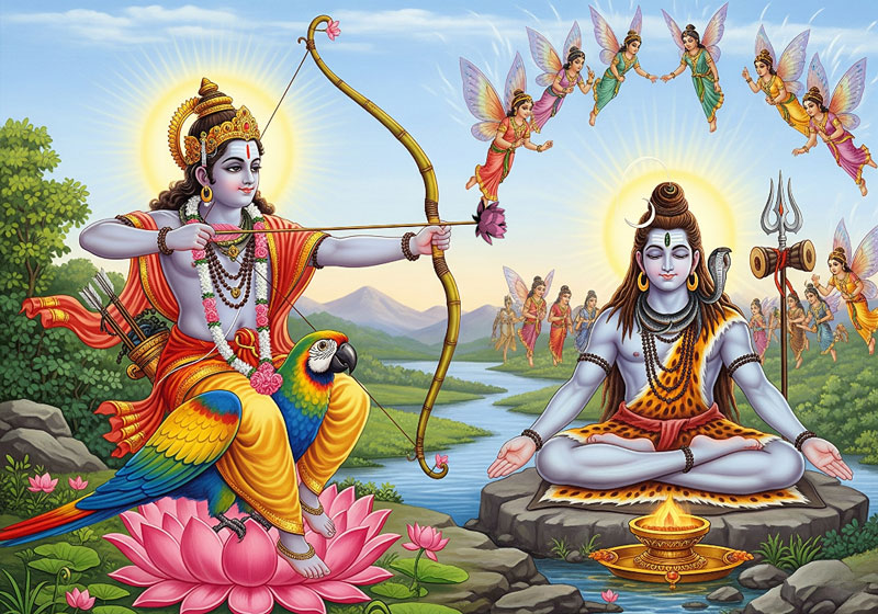 Illustration of Kamadeva aiming his flower-tipped arrows at Shiva during meditation