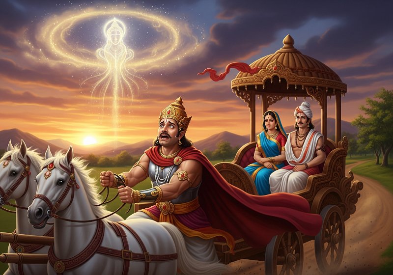 King Kansa in a grand chariot with Devaki and Vasudeva, looking up in fear as a divine voice in the clouds speaks a prophecy