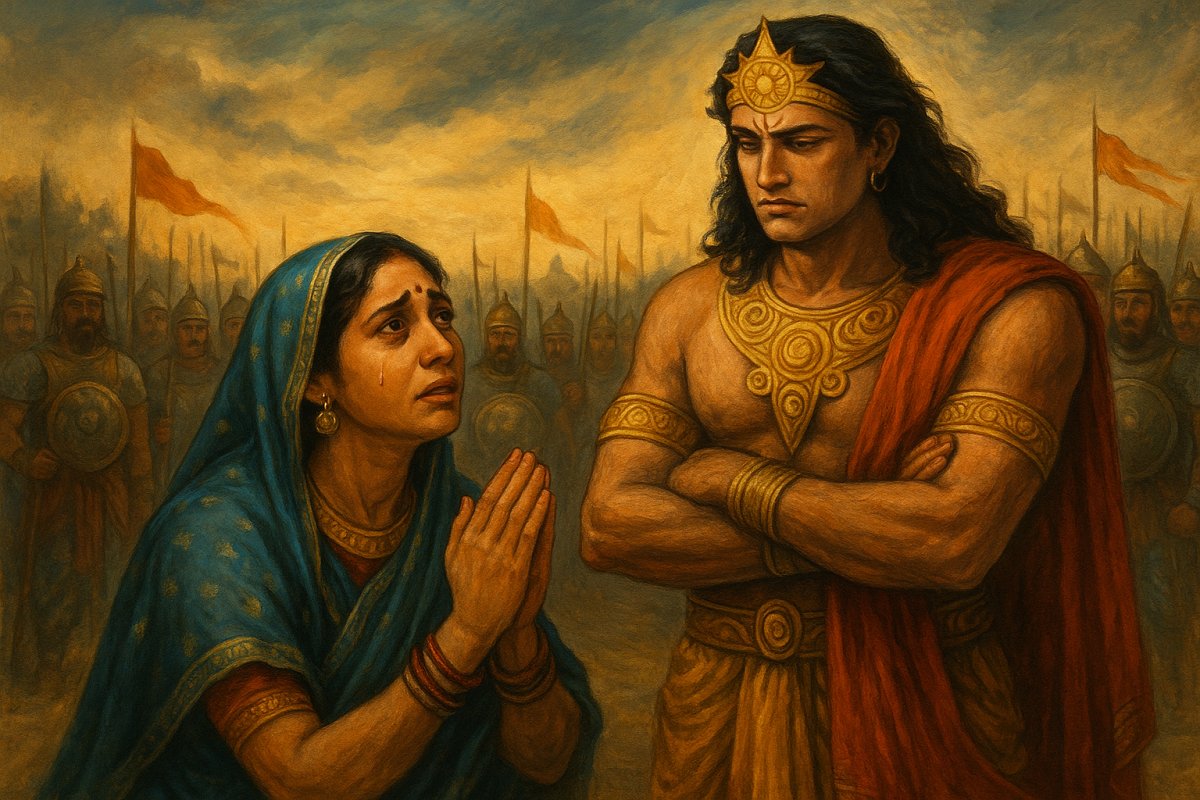 Kunti pleads with Karna, revealing he is her son, in a dramatic moment from the Mahabharata