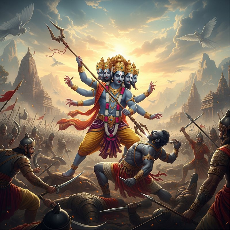 Kartikeya with six heads defeating the demon Taraka in a mythological battle scene from Hindu scriptures