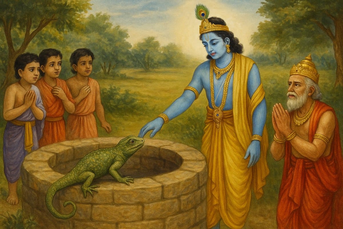Lord Krishna touching a chameleon that transforms into King Nriga