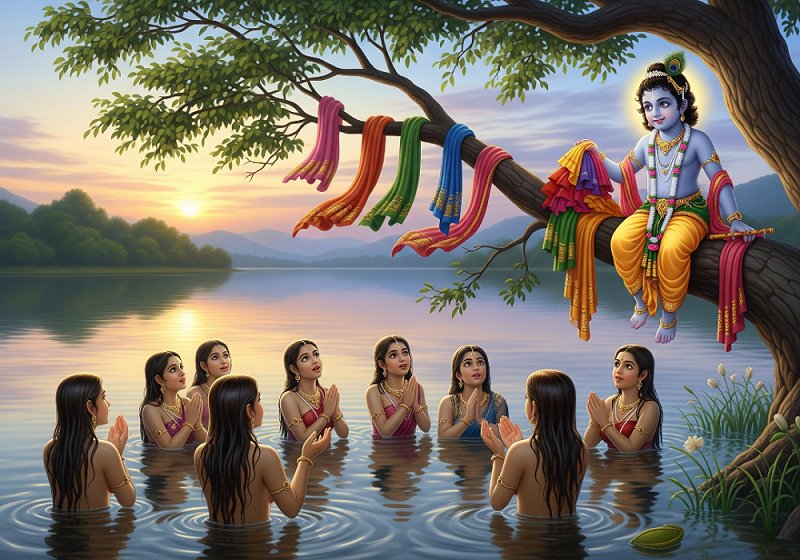 Lord Krishna sitting on a tree branch, holding a pile of clothes, while gopis stand in a lake