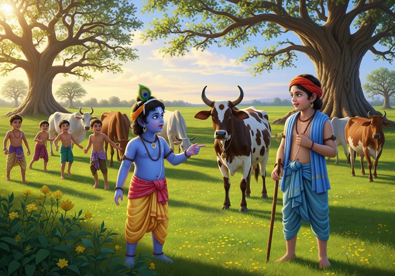 Krishna points towards a black and white cow, speaking to his older brother Balarama