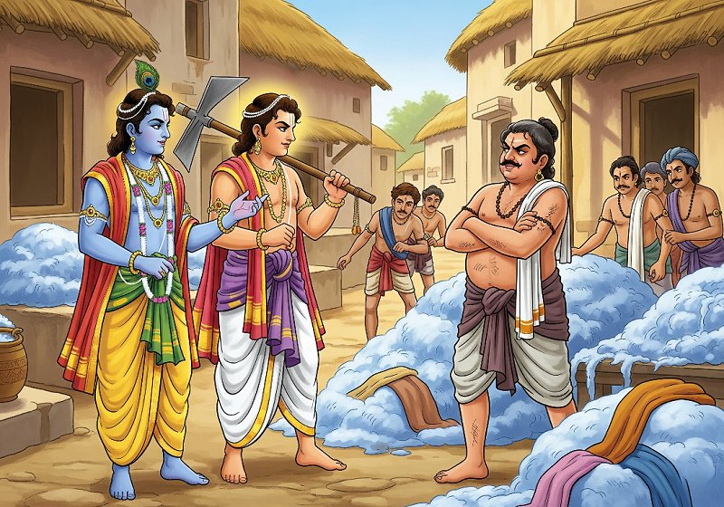 Young Lord Krishna and Balarama confronting a defiant washerman in a village of Mathura