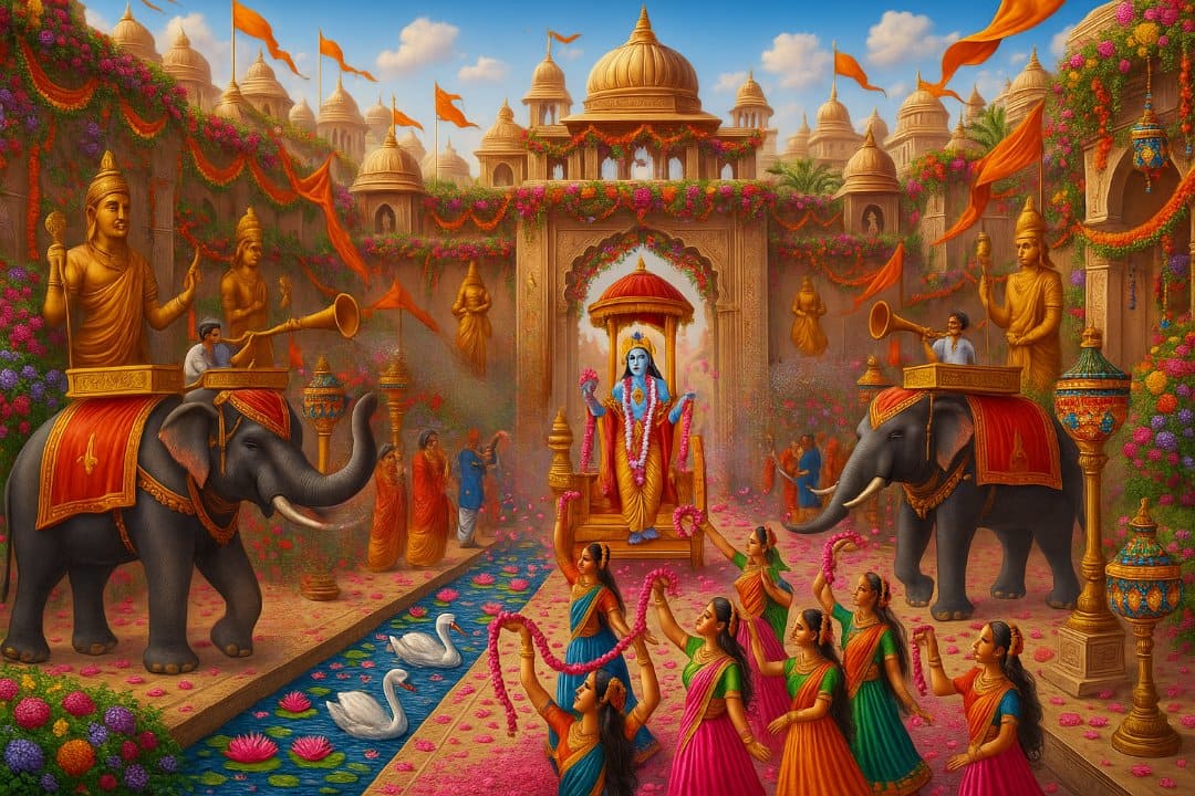 Lord Krishna entering Indraprastha, welcomed by dancers, elephants, and decorated golden streets
