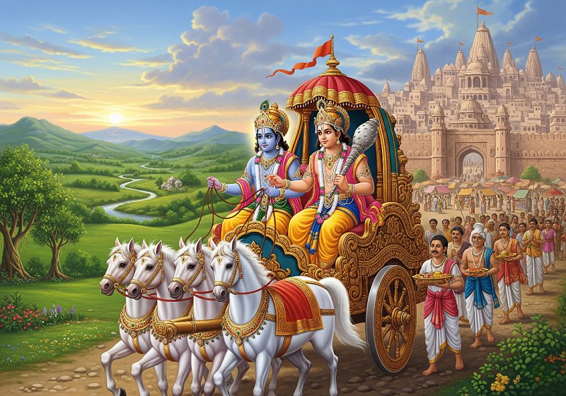 Krishna and Balarama are traveling to Mathura, villagers following behind them