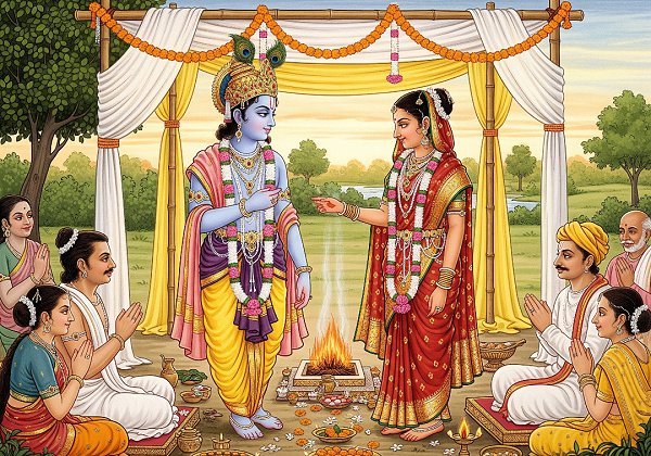 Lord Krishna and Bhadra getting married in a simple ceremony