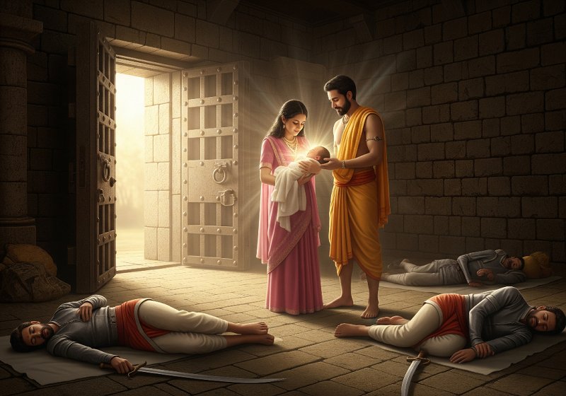 The birth of Lord Krishna in a dark dungeon