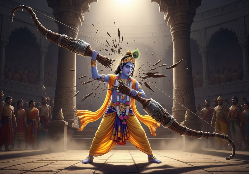 Lord Krishna in a powerful stance as he breaks a massive, ornate bow