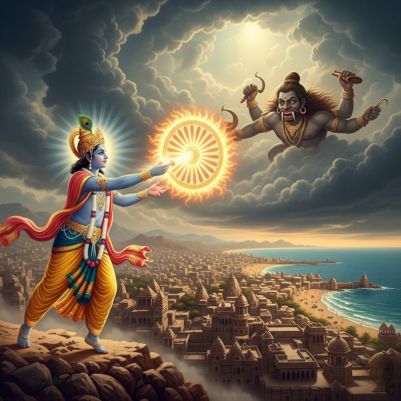Lord Krishna sending the Sudarshan Chakra toward the fiery demon Daksinagni as he threatens Dwarka