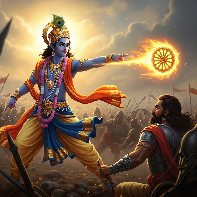 Lord Krishna killing Salva with the Sudarshan Chakra during the battle of Dwarka
