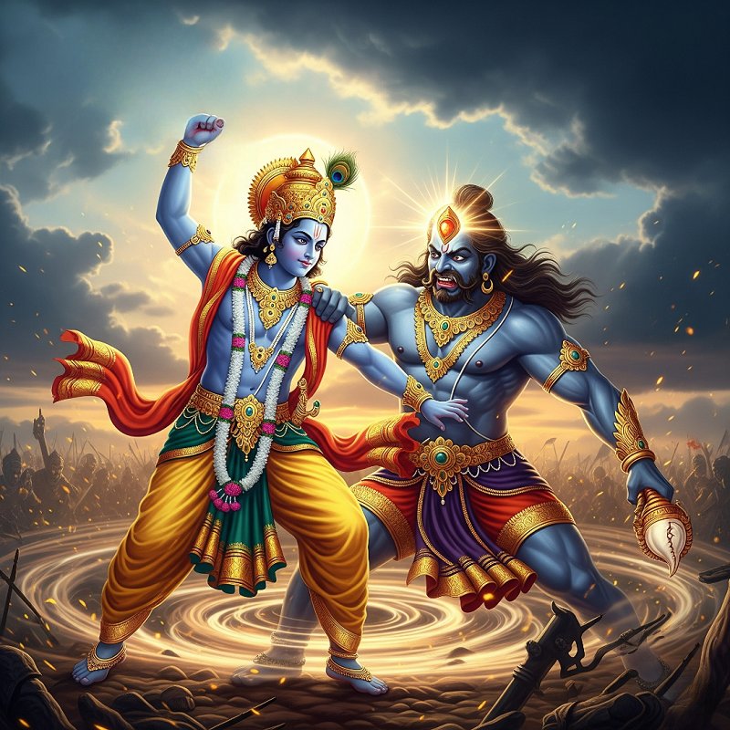 Lord Krishna removing the conch jewel from the demon Sankhasura after defeating him