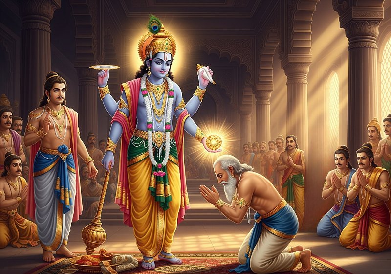 Akrura is kneeling at Krishna's feet, confesses his guilt and asks for forgiveness