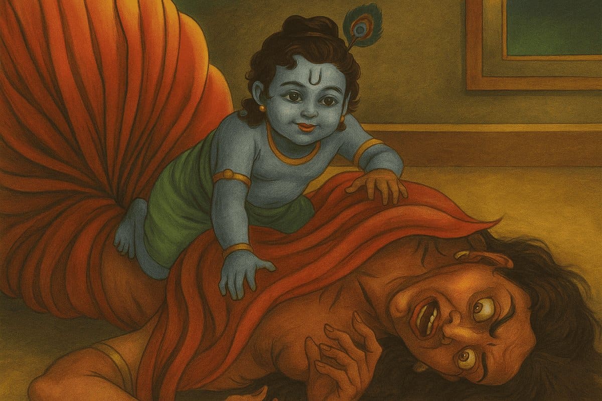 Baby Krishna defeating the demoness Putana after his divine birth