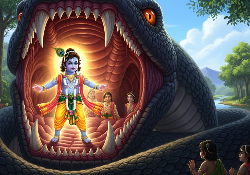 Krishna is expanding in size to kill serpent Aghasura and save his friends