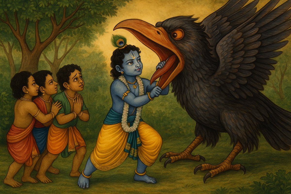 Young Lord Krishna defeats Bakasura, the demon bird sent by his uncle Kansa in Gokul