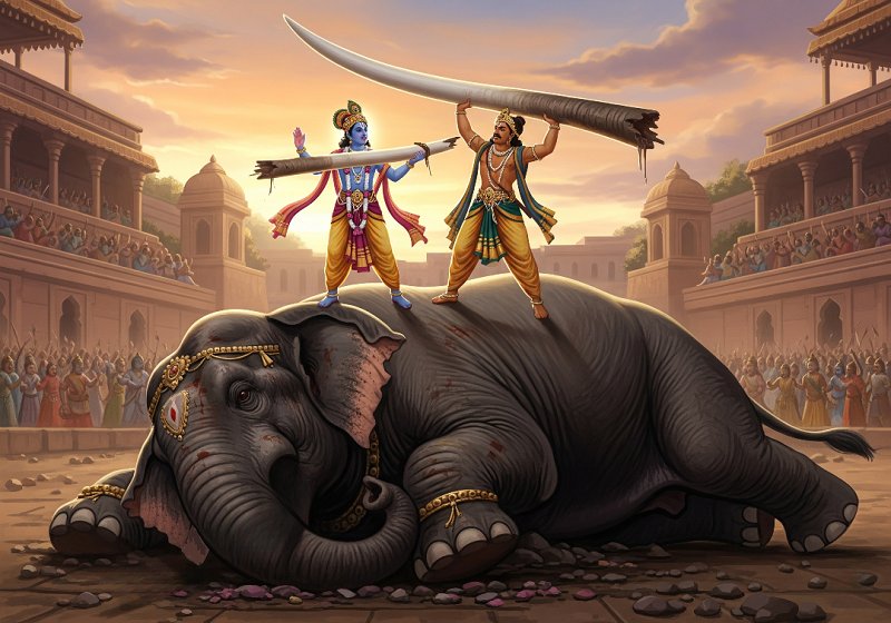 Lord Krishna and Balarama standing triumphantly atop the body of the defeated elephant demon, Kuvalayapeeda